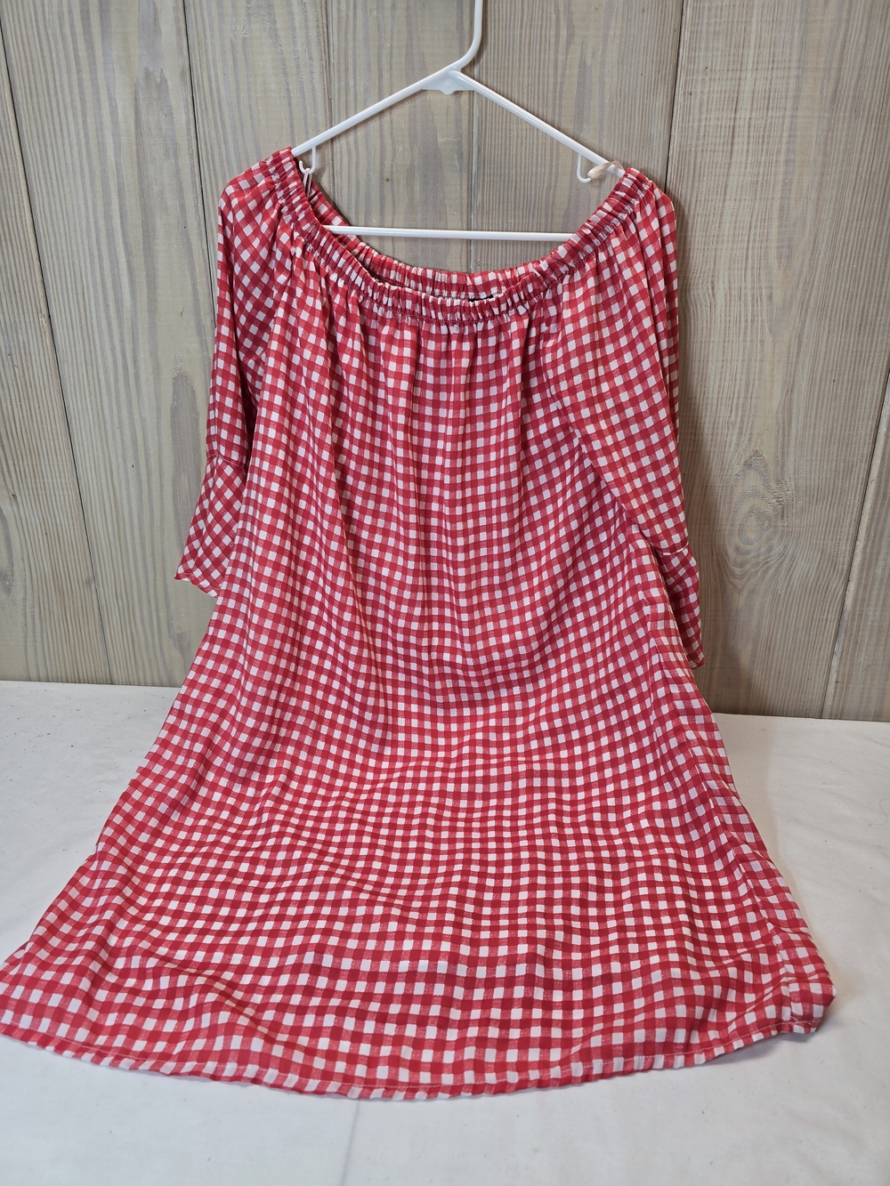 City Streets Red and White Gingham Off-Shoulder Dress